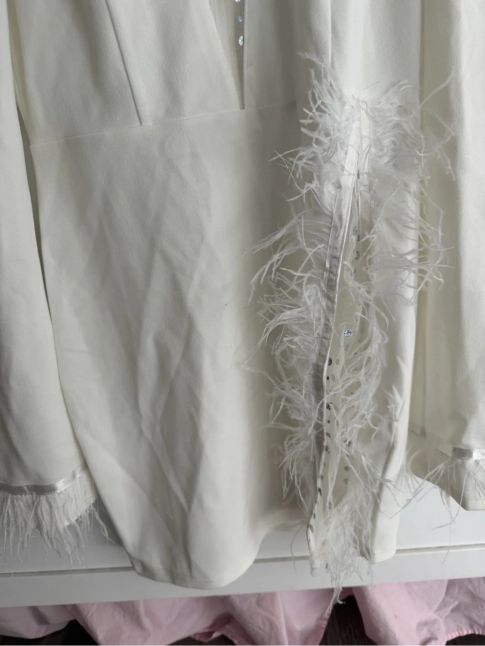 SHEIN White Long Sleeve Dress with Sequin Mesh & Feather Trim